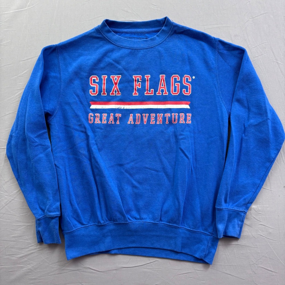 Six Flags Great Adventure Crewneck Sweatshirt Blue Small Graphic Pullover Fleece